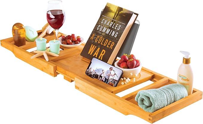 Wooden Bathtub Tray - Foldable Expandable Bamboo Bath Tray for Tub with Wine Holder, Book & Tablet Stand - Bath Caddy for Bathtub, Spa Bath Accessories for Women, Tub Tray Table, Gift for Her or Him - ModernBath