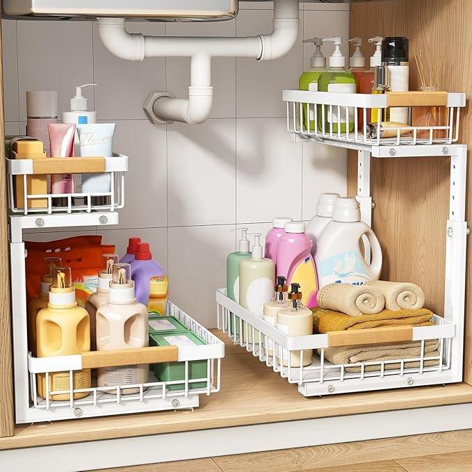 PXRACK 1 Pack Under Sink Organizer,Adjustable Height,2 Tier Pull Out Under Cabinet Organizer,Slide Out Thickened Metal Under Sink Storage for Kitchen Bathroom Laundry Cabinet Pantry,White(L) - ModernBath
