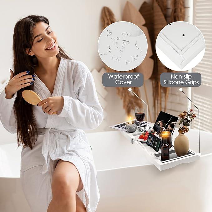 Foldable Bathtub Caddy Tray, Bamboo Bath Tub Tray Table for Tub with Wine Glass Holder Book Phone Tablet Holder with Extending Sides, Adjustable Bathroom Bathtub Free Soap Holder Gift Idea (White) - ModernBath