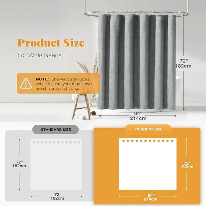 BTTN 84 Inch Wide Shower Curtain - W84xH72 Linen Textured Heavy Duty Fabric Shower Curtain Set with 14 Plastic Hooks, Large Hotel Spa Simple Waterproof Polyester Bath Curtains for Bathroom - Gray/Grey - ModernBath