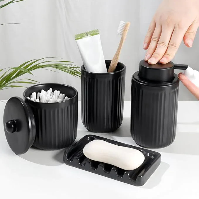 BosilunLife Black Bathroom Accessories Set - Ceramic Bathroom Counter Soap Set Bathroom Decor Sets Accessories Bathroom Lotion Soap Dispenser and Toothbrush Holder Set, Soap Dish, Apothecary Jars - ModernBath