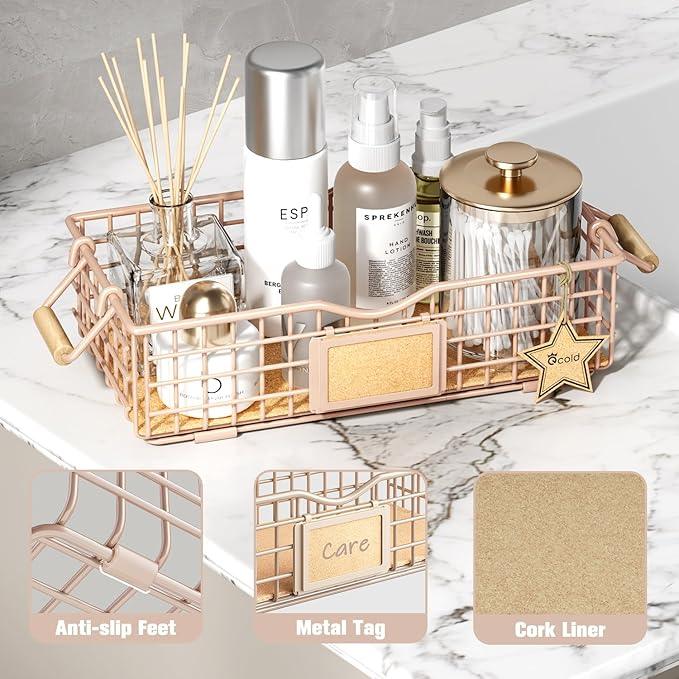Bathroom Storage Basket with Handle, Home Decor Organizer - Bathroom Organizers and Storage - Exquisite Vanity Tray for Skincare - Counter Tray for Organizing - Pink - ModernBath