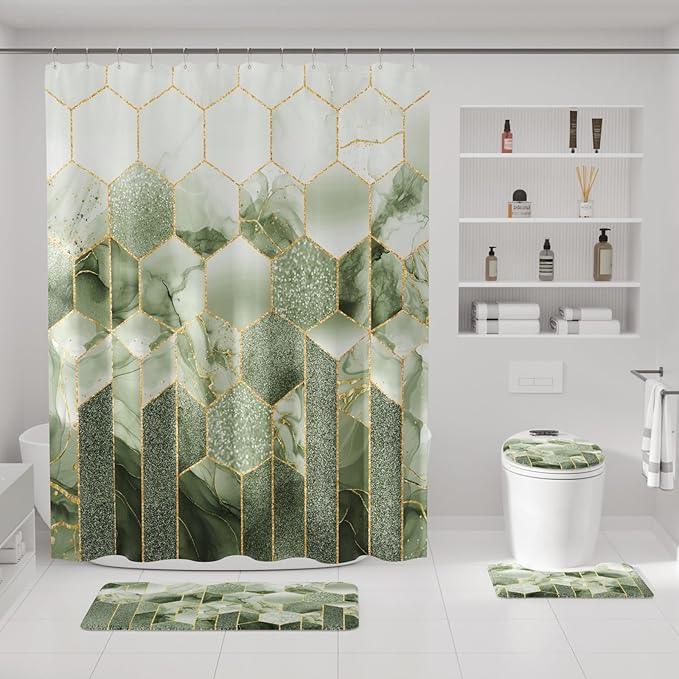 XLHOMO Bathroom Sets with Shower Curtain and Rugs - 4PC Sage Green Geometric Shower Curtain Set with 12 Hooks, Toilet Cover, U-Shaped Mat and Rugs Modern Abstract Bathroom Accessories for Bathroom - ModernBath