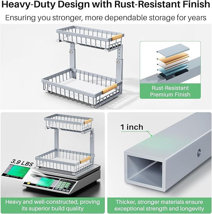 Pull out Cabinet Organizer, 1 Pack Under Sink Organizer, Slide out Metal Kitchen Cabinet Organizers Drawer Shelf, Sliding Storage Shelves for Kitchen Bathroom Pantry Closet Organization Rack(Grey) - ModernBath
