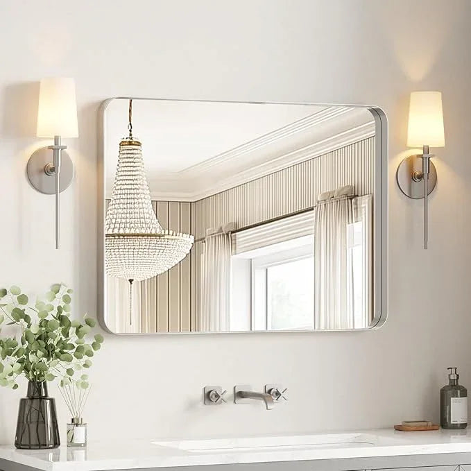 USHOWER Brushed Nickel Bathroom Mirror 30"x40", Silver Rectangle Mirror for Over Sink, Rounded Corner, Aluminum Frame, Anti-Rust, Tempered Glass, Horizontal or Vertical Mounted - ModernBath
