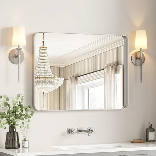 USHOWER Brushed Nickel Bathroom Mirror 30"x40", Silver Rectangle Mirror for Over Sink, Rounded Corner, Aluminum Frame, Anti-Rust, Tempered Glass, Horizontal or Vertical Mounted - ModernBath