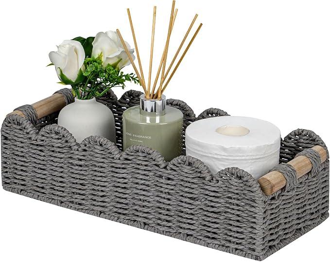 CubesLand Scalloped Edge Toilet Paper Storage Basket, Living Room Home Cozy Decor Basket, Paper Rope Small Baskets for Over Toilet Storage Shelf, End Table, Shelves, with 2 Wooden Handles, Grey - ModernBath