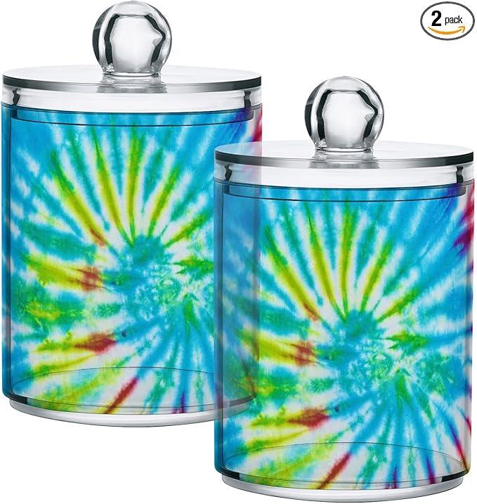 Qtip Holder Bathroom Set Q tip Cotton Ball Swab Pad Dispenser Container Organizer Plastic Jars with Lids Storage 2Pack Multicolor Tie Dye - ModernBath