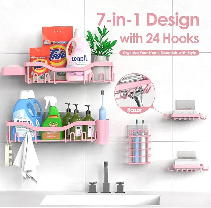 Shower Caddy Adhesive Shower Organizer 7-Pack, Rustproof Stainless Steel Bathroom Shelves, Large Capacity No-Drill Rack Storage Accessories with Soap Dish Toothbrush Holder Hooks (Pink) - ModernBath
