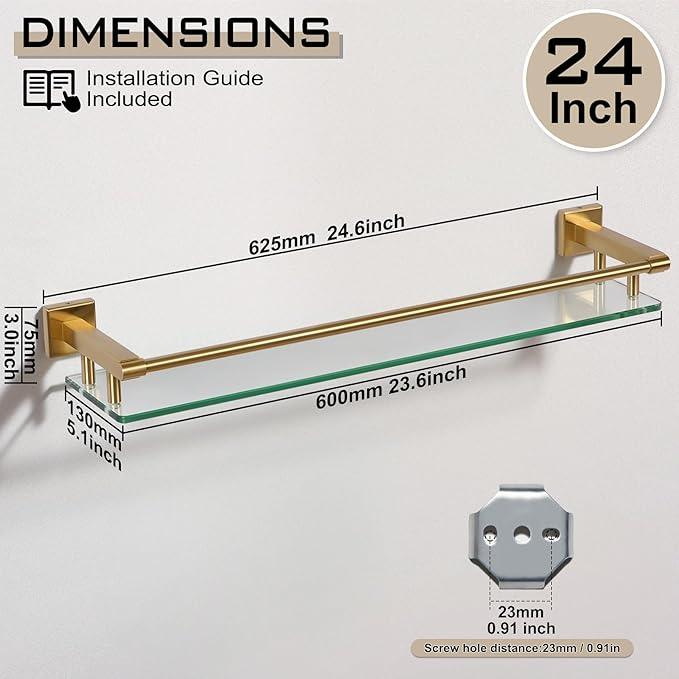 Glass Shelf for Bathroom 24 inch Rectangular Stainless Steel Wall Sheves Tempered Glass Modern Stainless Steel Wall Mount Accessories Organizers Storage (Brushed Gold) - ModernBath