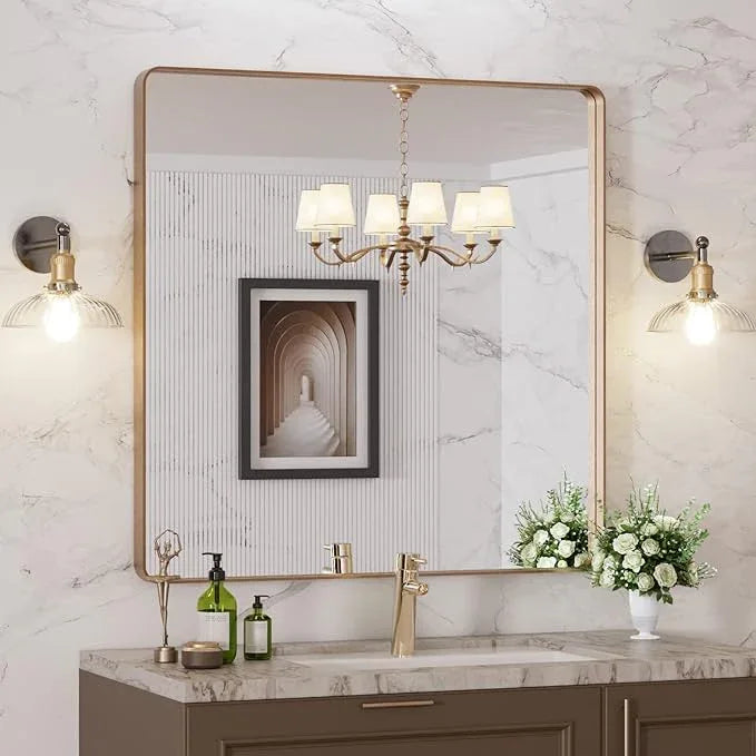 LOAAO 36”X36” Gold Bathroom Mirror, Rounded Rectangle Gold Frame Mirror, Brushed Gold Bathroom Vanity Mirror Wall-Mounted, Anti-Rust, Tempered Glass, Hangs Horizontally or Vertically - ModernBath