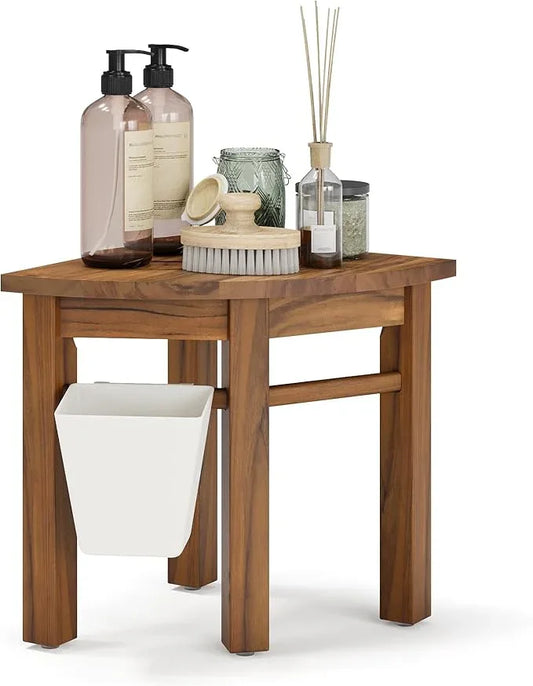 Smart Fendee Small Teak Shower Stool for Shaving Legs, Corner Shower Stools for Inside Shower, Bathroom Foot Rest with Storage Basket for Small Shower Spaces - ModernBath