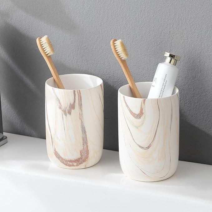 Brown Marble Toothbrush Holders - Ceramic Toothbrush Holders for Bathrooms, Toothbrush Toothpaste Holders, 2 Marble Bathroom Tumbler Cups Reusable Toothbrush Mouthwash Cup, Bathroom Counter Organizer - ModernBath
