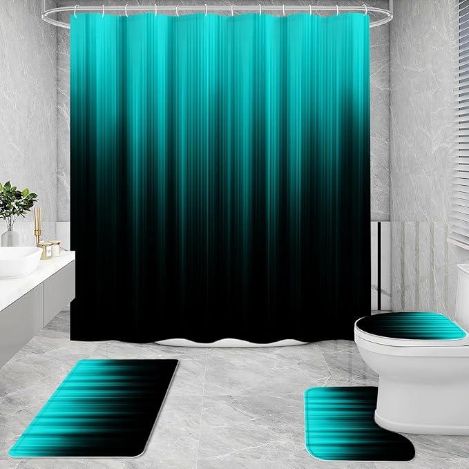 Litabel 4 Pcs Teal and Black Gradient Shower Curtain Set with Rugs and Toilet Lid Cover, Modern Simple Waterproof Fabric Bathroom Set, Ombre Stripe Gothic Abstract Bathroom Decor Set Accessories - ModernBath