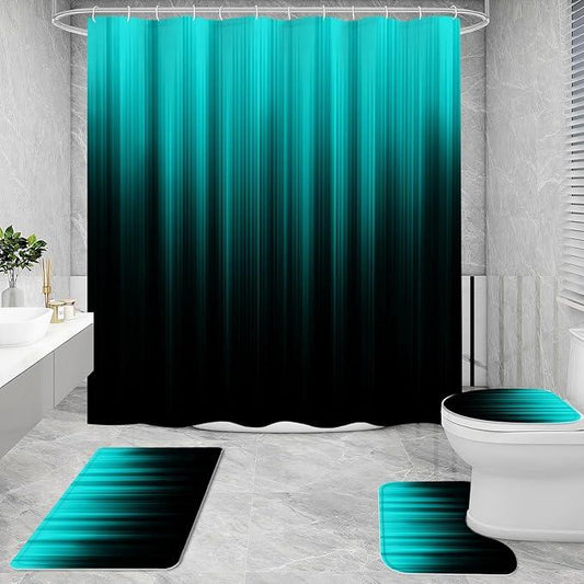 Litabel 4 Pcs Teal and Black Gradient Shower Curtain Set with Rugs and Toilet Lid Cover, Modern Simple Waterproof Fabric Bathroom Set, Ombre Stripe Gothic Abstract Bathroom Decor Set Accessories - ModernBath