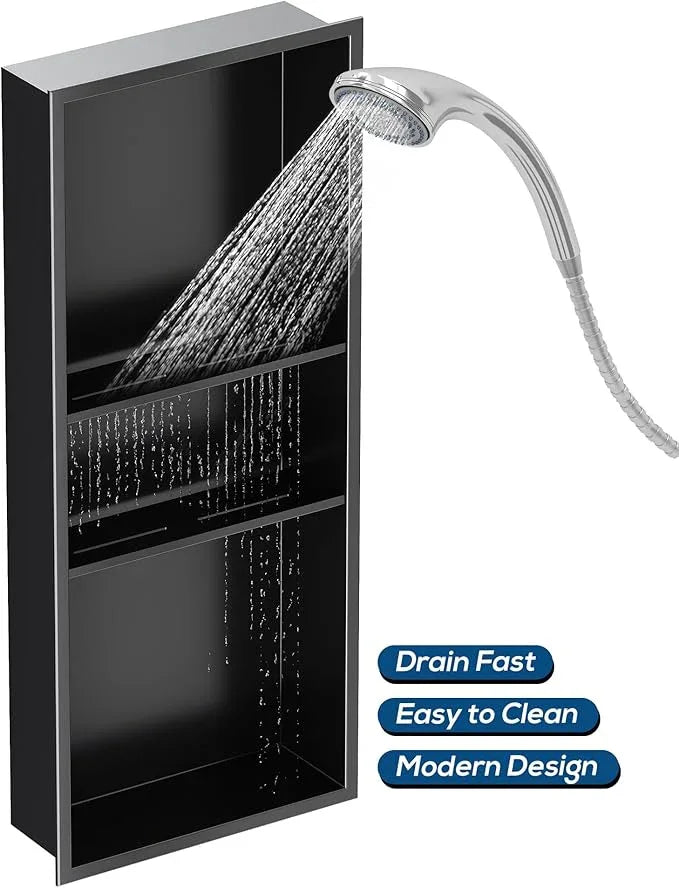 Qeke Stainless Steel Shower Niche 12" X 30", No Tile Needed Wall Niche Three-Tiers, Recessed Shower Shelf for Bathroom Storage, Matte Black - ModernBath
