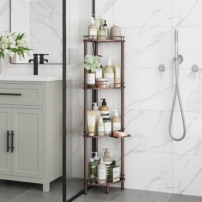 ELYKEN Corner Shower Caddy Standing, 4 Tier Rustproof Metal Shower Organizer with Soap Holder, Floor Shower Corner Shelf Rack Storage Stands with Adjustable Feet & 2 Hooks for Bathroom, Bronze - ModernBath
