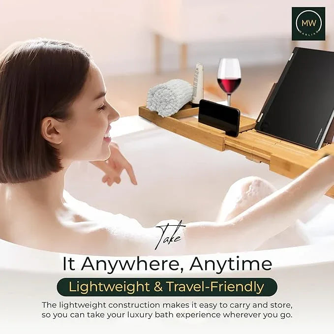 Luxury Foldable Bamboo Bathtub Tray - Wine Glass and Tablet Holder, Spa Bath Caddy for Relaxation, Gifts for Her, Him, Couples, Adjustable and Waterproof, Perfect for Birthdays, Weddings, Housewarming - ModernBath