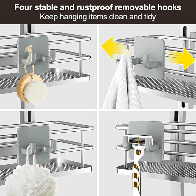 Orimade Adjustable Hanging Over the Shower Door Caddy,Bathroom Organizer Shelf Storage with 4 Hooks for Razor,No Drilling Rustproof Shower Rack Basket, 4 Tier, Silver - ModernBath