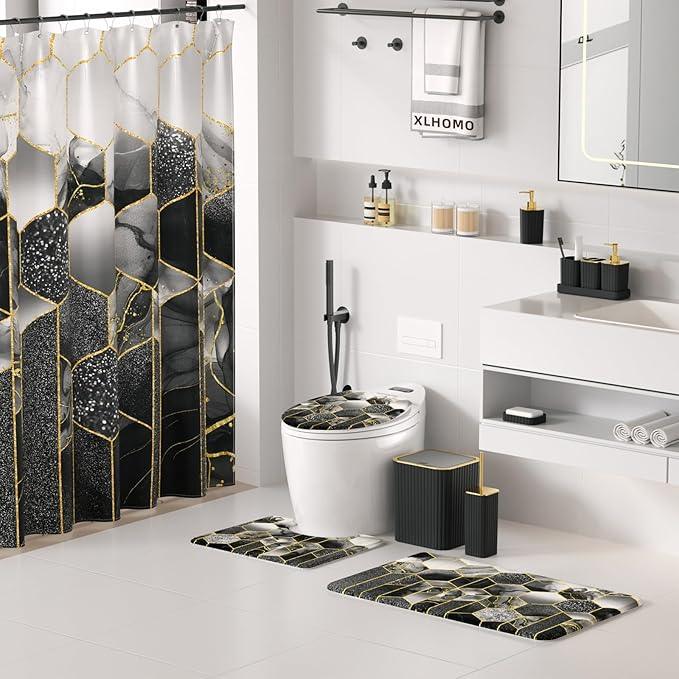 XLHOMO Bathroom Set - 26PC Bathroom Set with Shower Curtain and Rugs, Bathroom Accessory Set, Black Bathroom Accessories Set, Trash Can & Soap Dispenser - ModernBath