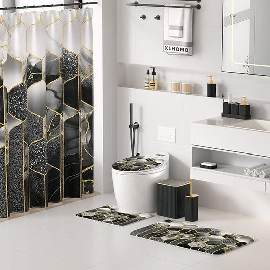XLHOMO Bathroom Set - 26PC Bathroom Set with Shower Curtain and Rugs, Bathroom Accessory Set, Black Bathroom Accessories Set, Trash Can & Soap Dispenser - ModernBath