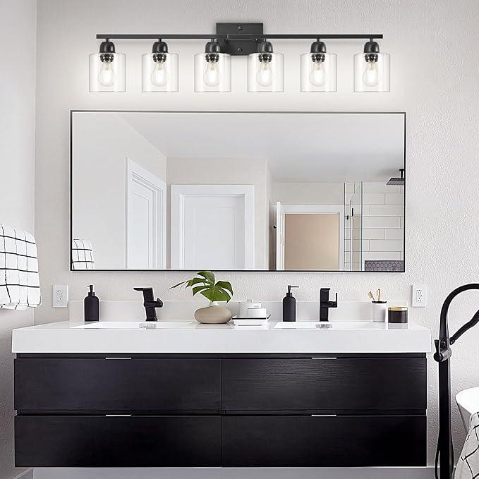 Bath Vanity Lights For Mirror, Restroom Lights Fixtures With Milky White Frosted Glass Shades,Bathroom Over Sink Light Fixtures, Bathroom Light Fixtures Over Mirror (Black with clear glass, 6-Light) - ModernBath