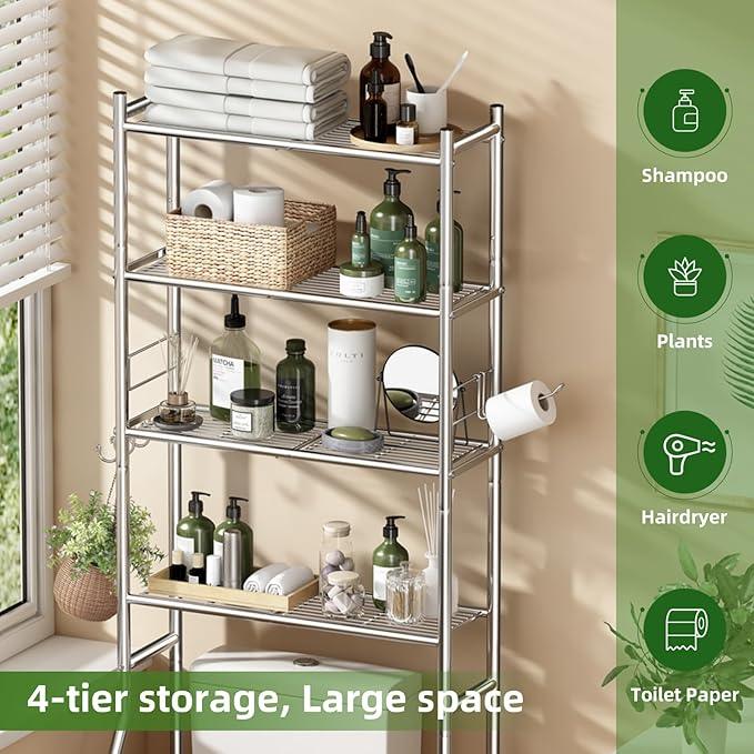 Over The Toilet Storage Rack, 4-Tier Metal Over Toilet Storage Shelves, Freestanding Bathroom Organizer with 4 Hooks and Paper Holder, Above The Toilet Storage Shelf for Bathroom, Chrome - ModernBath