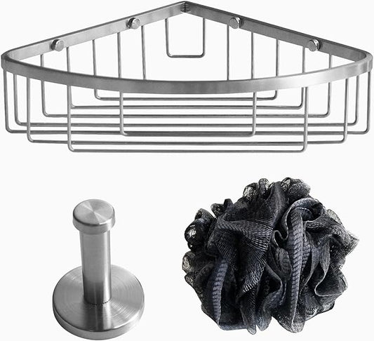 Stainless Steel Wall Mount Shower Caddy, Single Hook & Bath Wipe Waterproof Durable Corner Shower Rack for Bathroom Space Saving Bathroom Organizer & Storage for Shampoos Soap Bath Items Brushed