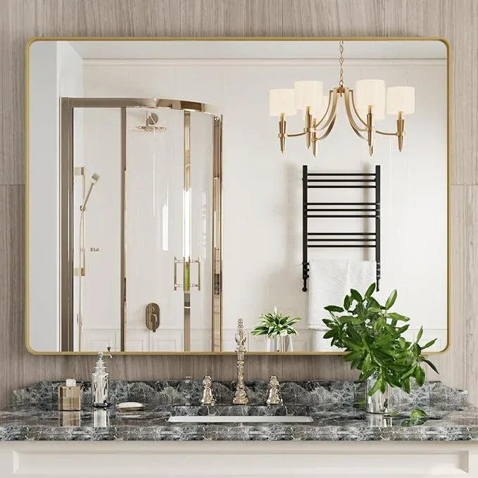 JISOSO Gold Bathroom Mirror, 48x36 Inch Brushed Gold Metal Frame Mirror for Wall, Rounded Rectangle Bathroom Vanity Mirror, Tempered Glass, Anti-Rust, Horizontal/Vertical - ModernBath