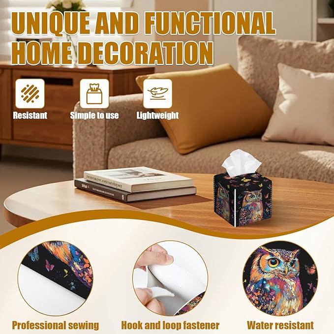 Coloful Owl Butterfly Tissue Box Cover 2PCS, Leather Tissue Box Holder Square Facial Paper Case Tissue Box Cube Organizer for Bathroom Bedroom Desk Office - ModernBath