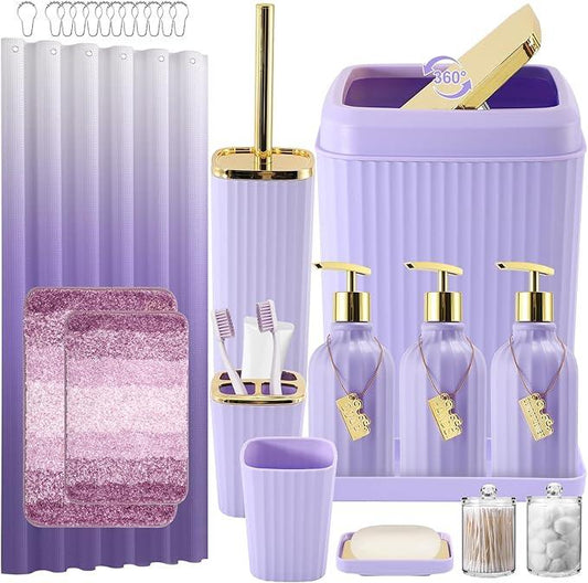 WSBArt 32PCS Bathroom Set Bathroom Sets with Shower Curtain and Rugs Purple Bathroom Accessories,Shower Curtain Set,Bathroom Rug Set with Bathroom Trash Can - ModernBath