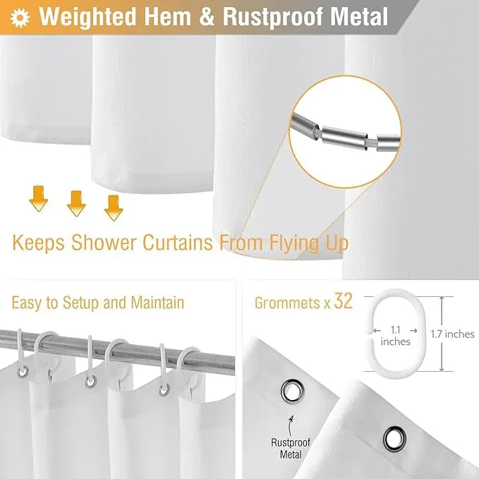 BTTN Fabric Shower Curtain, Linen Textured Heavy Duty Polyester Cloth Shower Curtain Set with Plastic Hooks, White, 180" W x 72" L (Pack of 1) - ModernBath