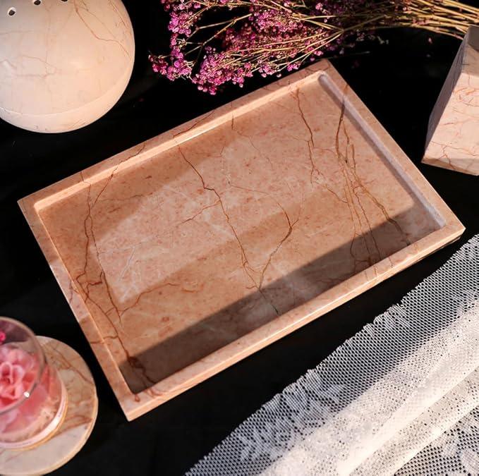Real Luxurious Natural Marble Vanity Tray Genuine Marble Storage Tray for Home Decor Stone Tray for Bathroom/Kitchen/Vanity/Dresser Non-Resin/Non-Ceramic/Cream Rose - ModernBath
