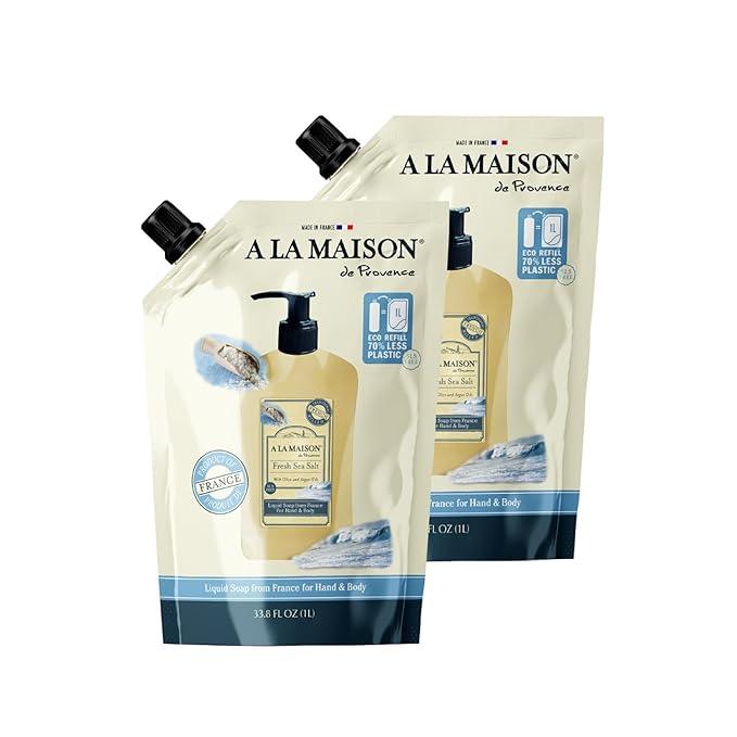 A LA MAISON French Liquid Hand Soap Eco-Friendly Refill Pouch, Fresh Sea Salt - Natural Hand Wash Made with Essential Oils - Biodegradable, Plant-Based, Vegan, Alcohol & Paraben Free (33.8 oz, 2 Pack) - ModernBath