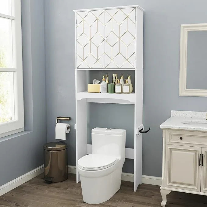 HLR Over The Toilet Storage Cabinet with Gold Trim, Over Toilet Bathroom Organizer with Adjustable Shelves and Toilet Paper Holder, Above Toilet Storage Cabinet Spacesaver for Bathroom(White) - ModernBath
