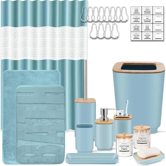 Bathroom Accessories Set,Blue Bathroom Set,24 Pieces Bathroom Accessory Set with Shower Curtain,Trash Can for Bathroom Accessories Décor and Home Gifts - ModernBath