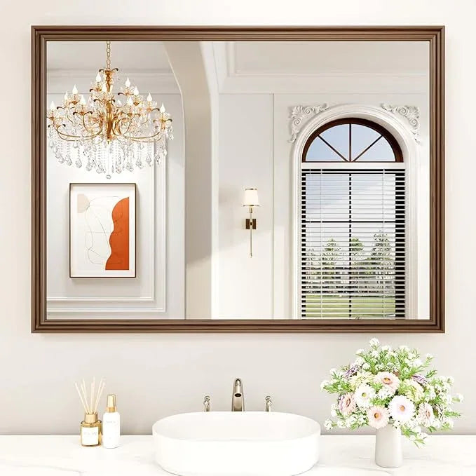 WEER Retro Copper Bathroom Mirror, 48x36 Inch Bronze Oil Rubbed Framed Mirror, Rectangle Classic Vintage Framed Wall Mirror, Farmhouse Vanity Mirror, Tempered Glass, Vertically or Horizontally - ModernBath
