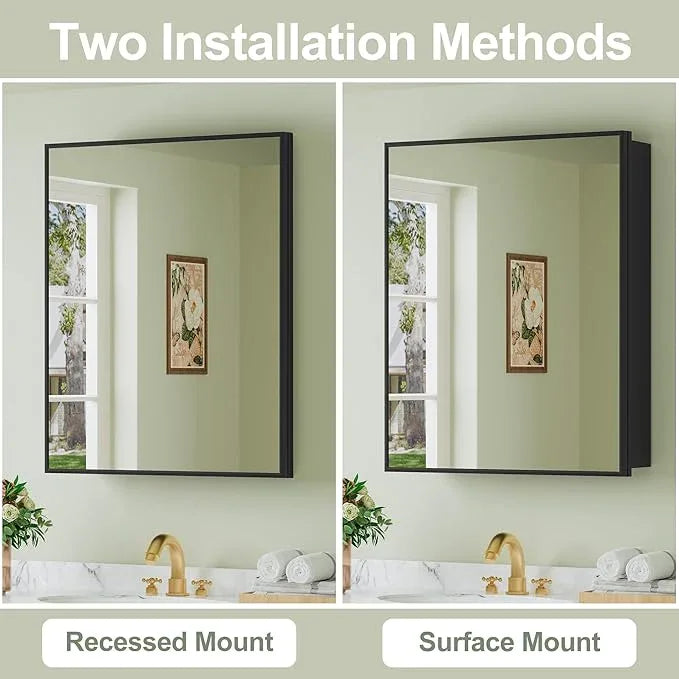 Buruis 24" x 30" Framed Medicine Cabinet with Mirror, Recessed or Wall Mounted Bathroom Cabinet, Adjustable Tempered Glass Shelves, Left/Right Open Reversible, No Assembly Required, Black - ModernBath