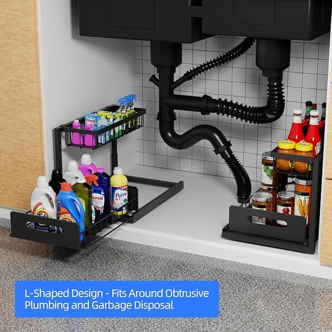 2-Tier Under Sink Slide Out Organizer, 2 Pack Pull Out Cabinet Storage Shelf with Sliding Wire Basket Drawer for Bathroom Kitchen, Countertop or Pantry Shelf, Black - ModernBath