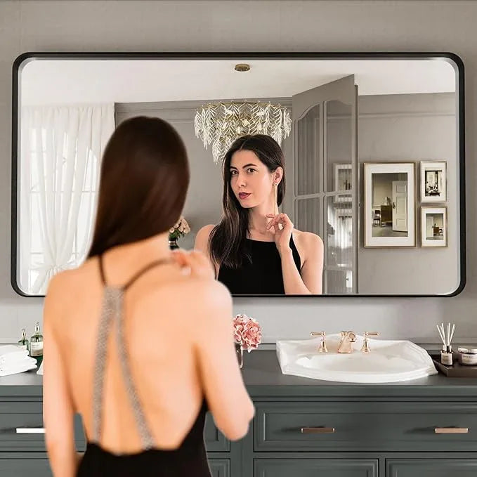 LOAAO Black Metal Framed Bathroom Mirror for Wall, Large 55X30 Inch Rounded Rectangle Mirror, Matte Black Bathroom Vanity Mirror Farmhouse, Anti-Rust, Tempered Glass, Hangs Horizontally or Vertically - ModernBath