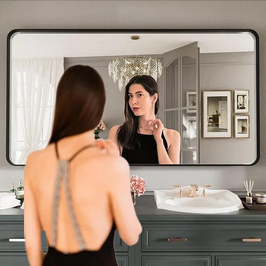 LOAAO Black Metal Framed Bathroom Mirror for Wall, Large 55X30 Inch Rounded Rectangle Mirror, Matte Black Bathroom Vanity Mirror Farmhouse, Anti-Rust, Tempered Glass, Hangs Horizontally or Vertically - ModernBath