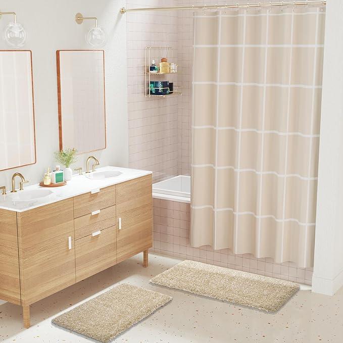 Yimobra Luxury Bathroom Rugs, Fluffy Bath Mats, Non Slip, Water Absorbent Microfiber, Machine Washable, Plush Runner Shower Rugs, Thick Matts for Bathroom Floor/Tub, 47"x 24", Light Beige and White - ModernBath