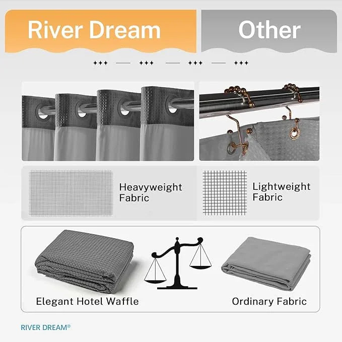 River Dream Heavyweight No Hooks Required Dotted Waffle Weave Shower Curtain with Snap in Liner - 71W x 80H,Hotel Grade,Spa Like Bath Curtain,Gray - ModernBath