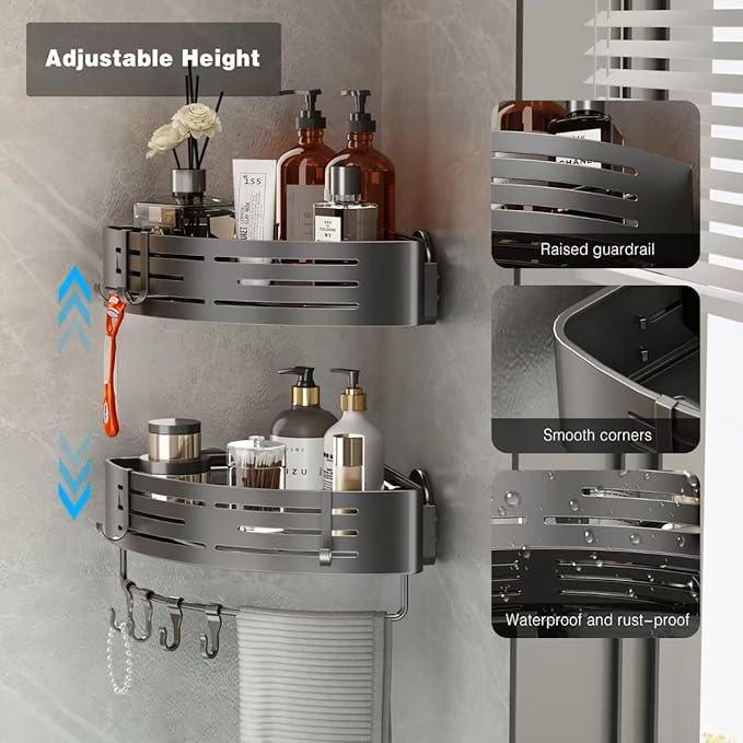 Voldra Corner Shower Caddy Suction Cup, 1 Pack Corner Shower Shelves No Drilling, Aluminum Upgrade Suction Cup Shower Organizer Corner with Towel Bar & Hooks Removable Bathroom Storage Rack(Gray) - ModernBath