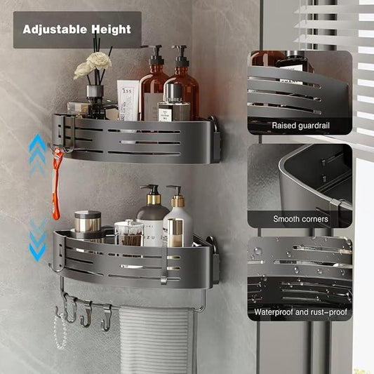Voldra Corner Shower Caddy Suction Cup, 1 Pack Corner Shower Shelves No Drilling, Aluminum Upgrade Suction Cup Shower Organizer Corner with Towel Bar & Hooks Removable Bathroom Storage Rack(Gray) - ModernBath