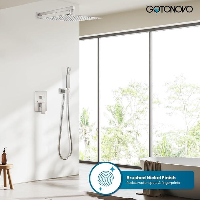 gotonovo Rainfall Bathroom Shower System Rain Shower Head and Handle Set Wall Mounted Shower Complete Combo Solid Brass Pressure Balancing Shower Mixer Valve 16 Inch Brushed Nickel - ModernBath