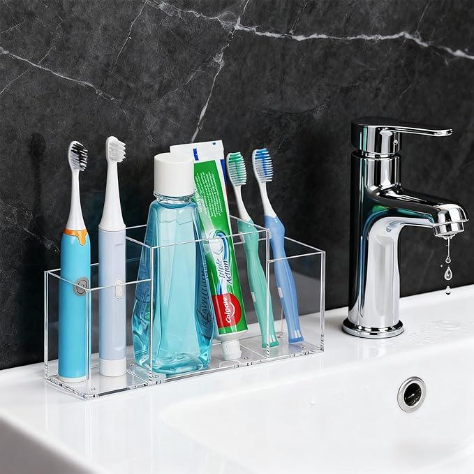 Acrylic Toothbrush Holder for Bathroom Counter, Clear Multi-Functional Toothbrush Organizer with Compartments for Electric Toothbrush, Toothpaste - ModernBath