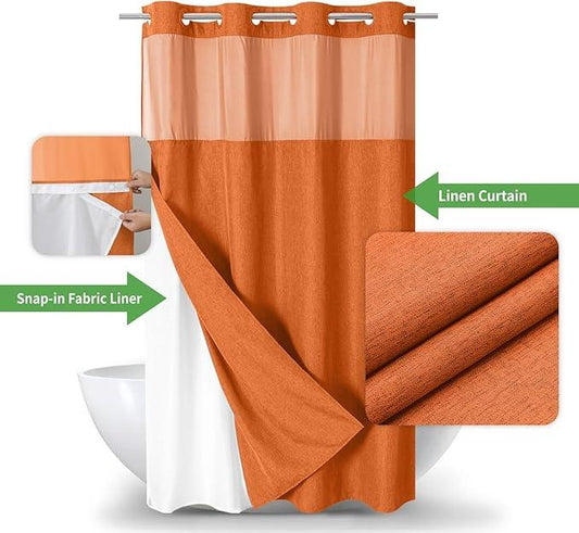 eachope Stall No Hooks Needed Linen Textured Shower Curtain with Snap-in Fabric Liner Set,Hotel Luxury Decor Farmhouse Shower Curtains for Bathroom,Waterproof & Washable,54Wx80H,Burnt Orange - ModernBath