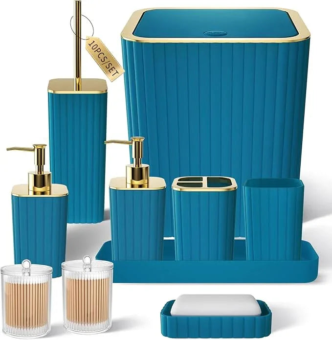 XLHOMO Bathroom Accessories Set - Gorgeous Bathroom Set, 10PC Teal Bathroom Accessory Set, Toilet Brush, Trash Can, Qtip Holder Dispenser & Soap Dispenser - ModernBath