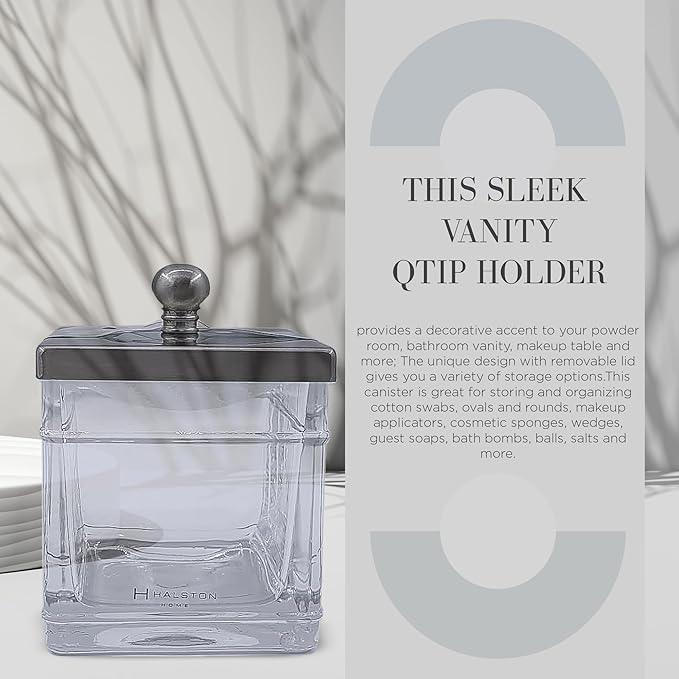 Indecor Home Apothecary Glass Cotton Jar Holder Brushed Nickel Stainless Steel Lid, Elegant Bathroom Storage Canister for Qtips, Cotton Balls, Floss, Makeup Organizer, Vanity Bathroom Organization - ModernBath